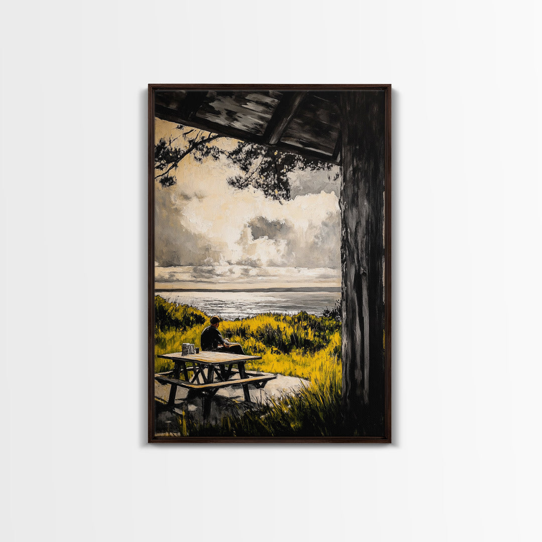 Ocean View Picnic, relaxing landscape painting, coastal art, peaceful nature scene, countryside decor, framed canvas print, living room