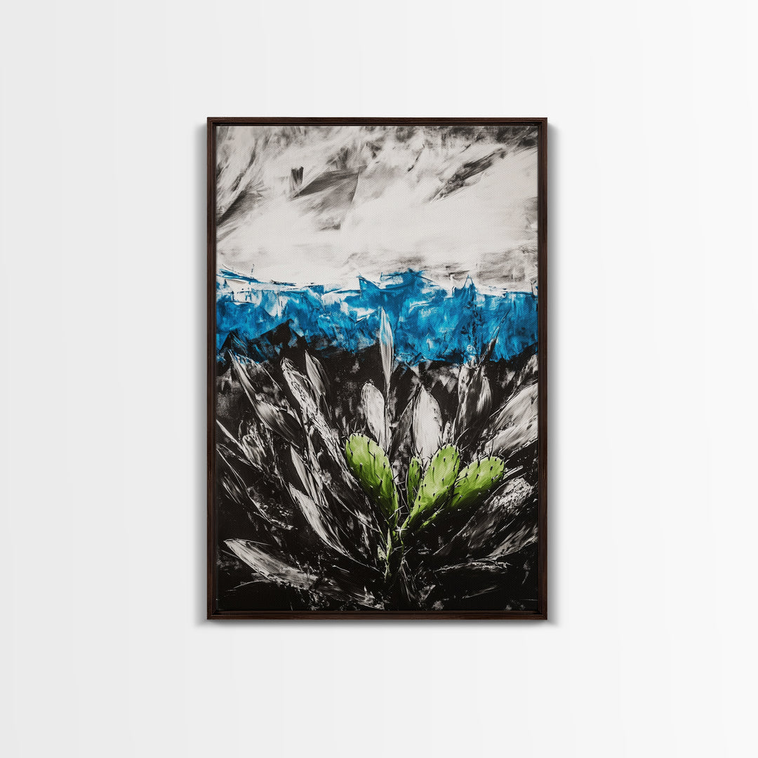 Desert Cactus Painting, Blue Sky Black White, Framed Canvas Print, Modern Southwest Art, Rustic Wall Decor, Minimalist Nature Art