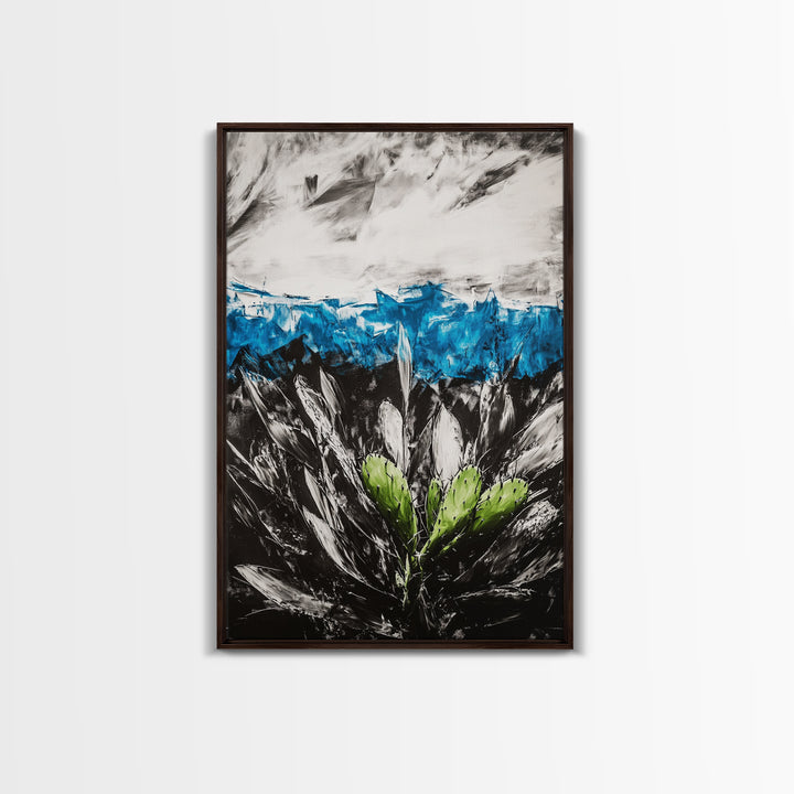Desert Cactus Painting, Blue Sky Black White, Framed Canvas Print, Modern Southwest Art, Rustic Wall Decor, Minimalist Nature Art