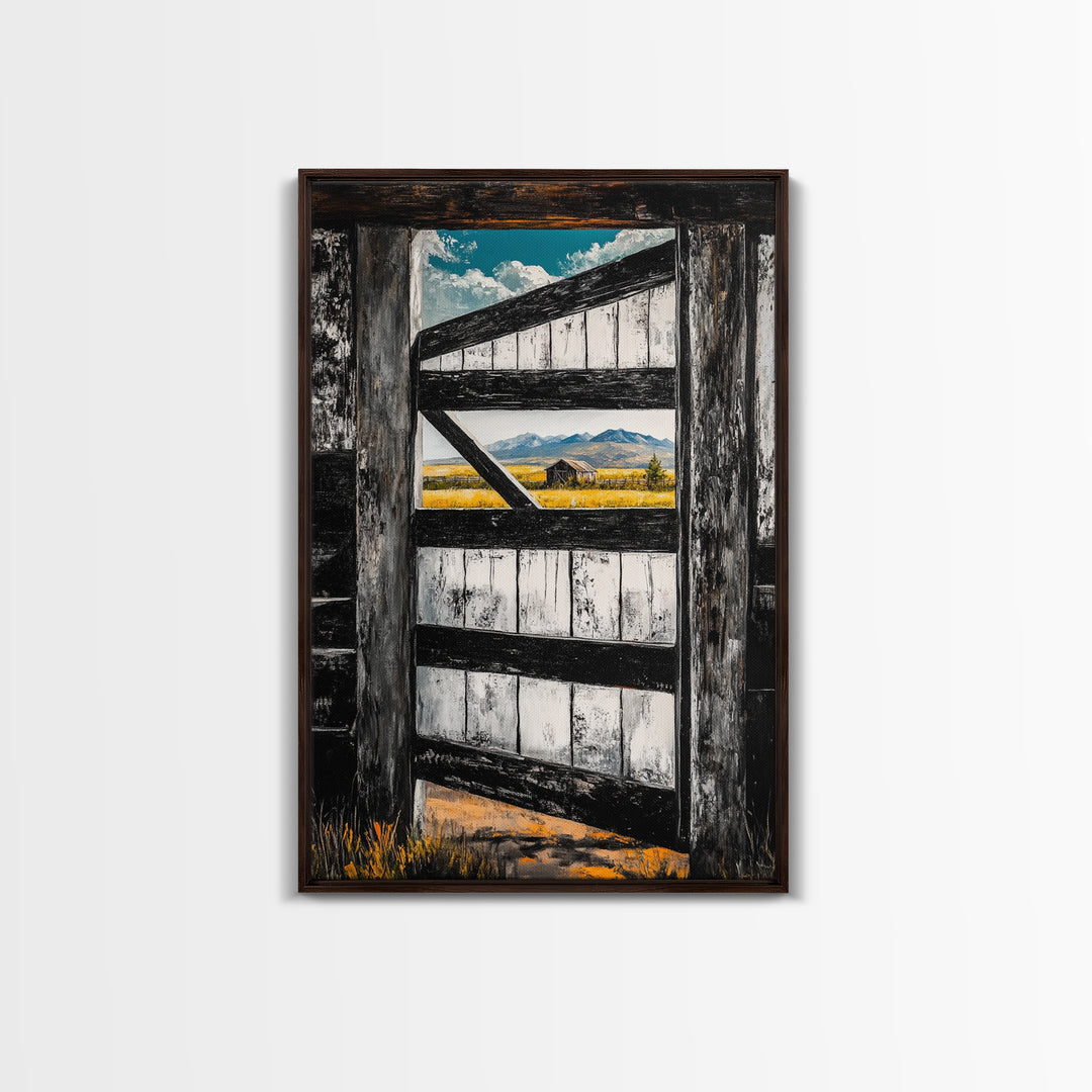 Barn Door View, Mountain Escape, Rustic Scene, Framed Canvas Print, Western Wall Art, Cabin Decor, Farmhouse Style, Country Living