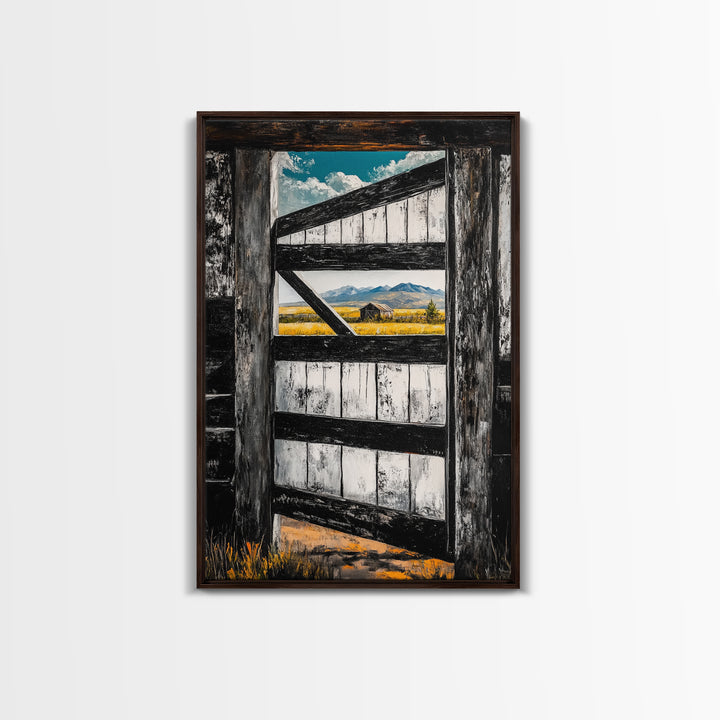 Barn Door View, Mountain Escape, Rustic Scene, Framed Canvas Print, Western Wall Art, Cabin Decor, Farmhouse Style, Country Living