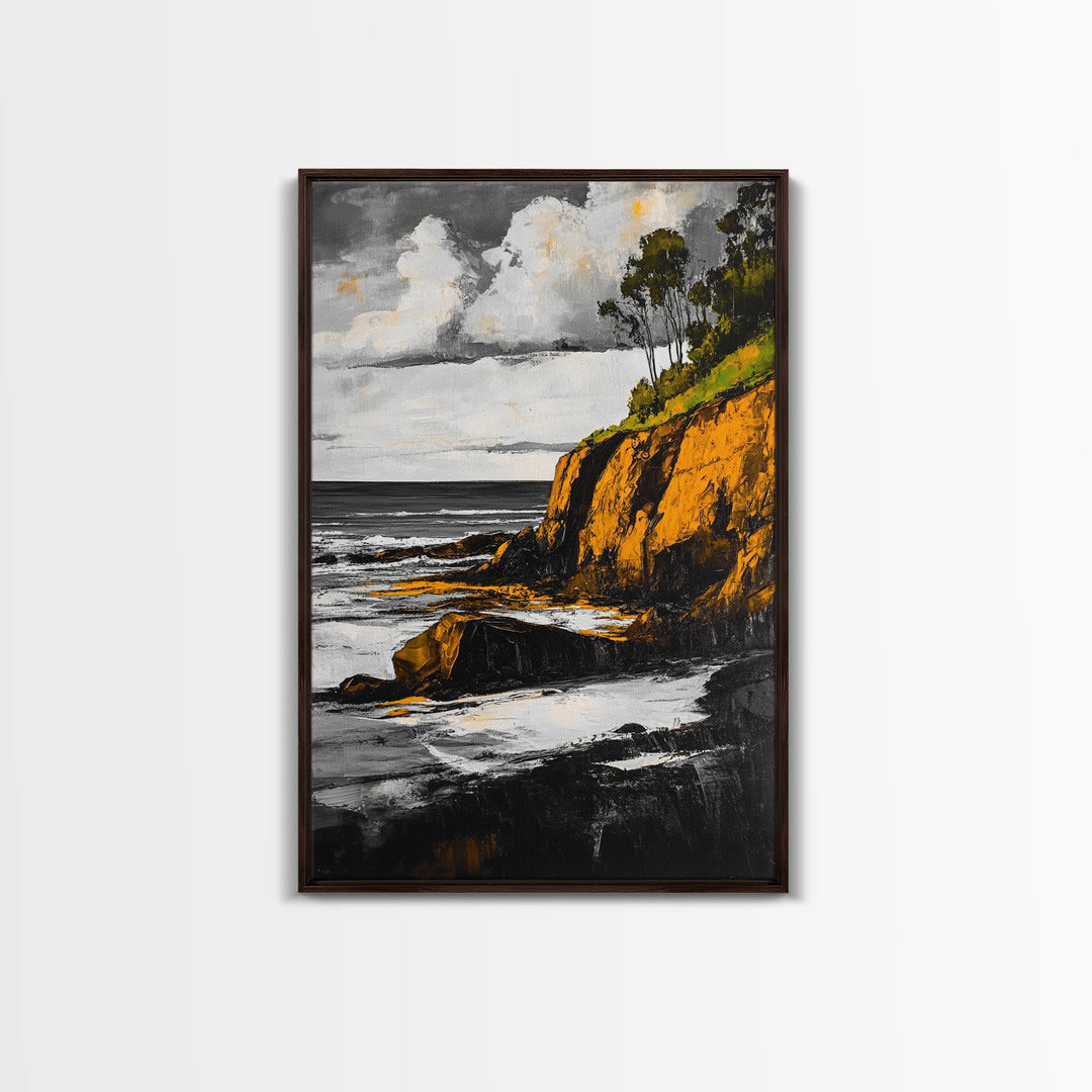 Ocean Cliffs, Coastal Landscape, Golden Tones, Black and White Seascape, Framed Canvas Print, Beach House Wall Art, Office Wall Decor