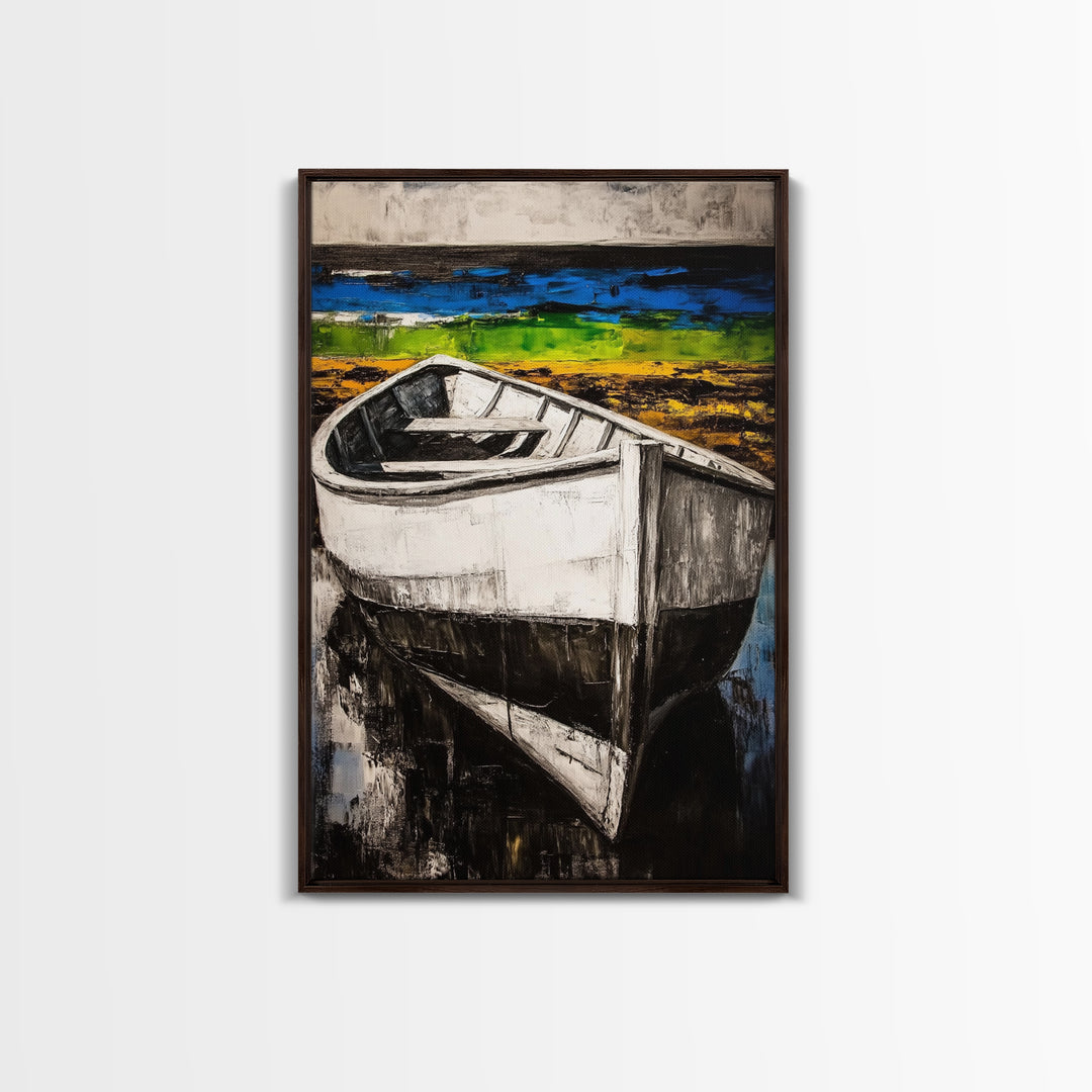 Coastal Rowboat, Black and White Boat Painting, Nautical Seascape Art, Rustic Beach House Decor, Framed Canvas Print, Bedroom Art