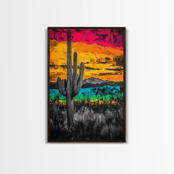 Desert Cactus, Vibrant Sunset Southwest Painting, Bold Desert Art, Framed Canvas Print, Western Home or Office Wall Decor