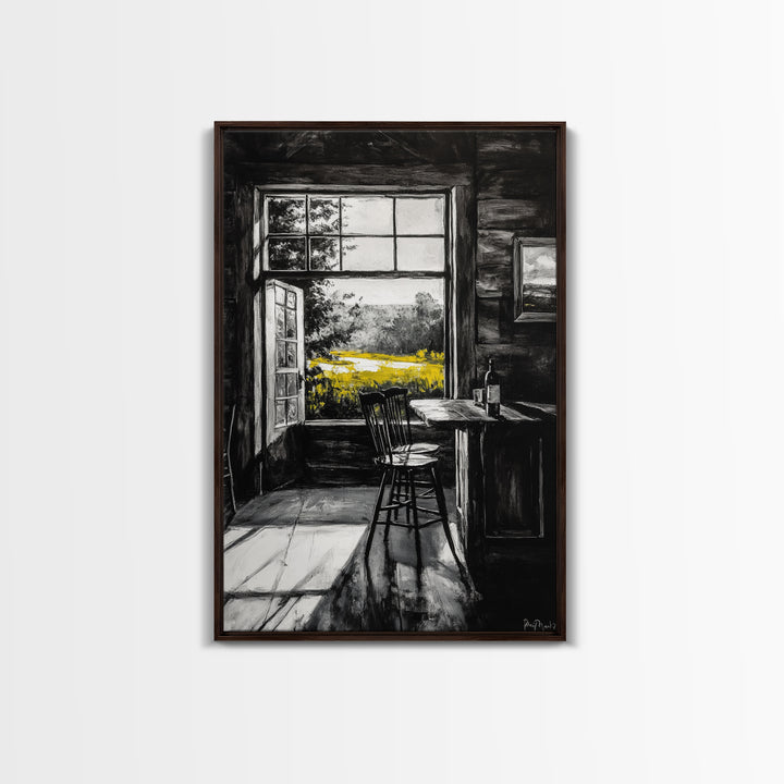 Rustic Cabin View, Black and White with Yellow Accents, Cozy Country Home Art, Framed Canvas Print, Living Room or Dining Room Decor
