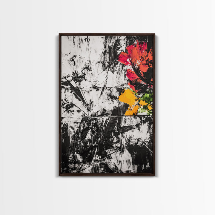 Abstract Flowers, Black and White, Red Floral Art, Bold Wall Decor, Modern Art, Framed Canvas Print, Minimalist Living Room Art