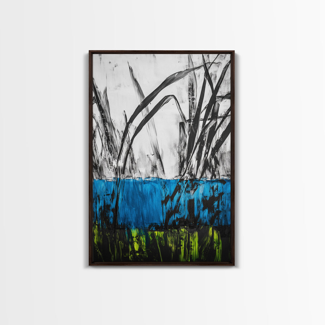 Abstract Grass, Blue and Green Art, Nature Inspired Wall Art, Minimalist Decor, Textured Canvas Print, Living Room Wall Art
