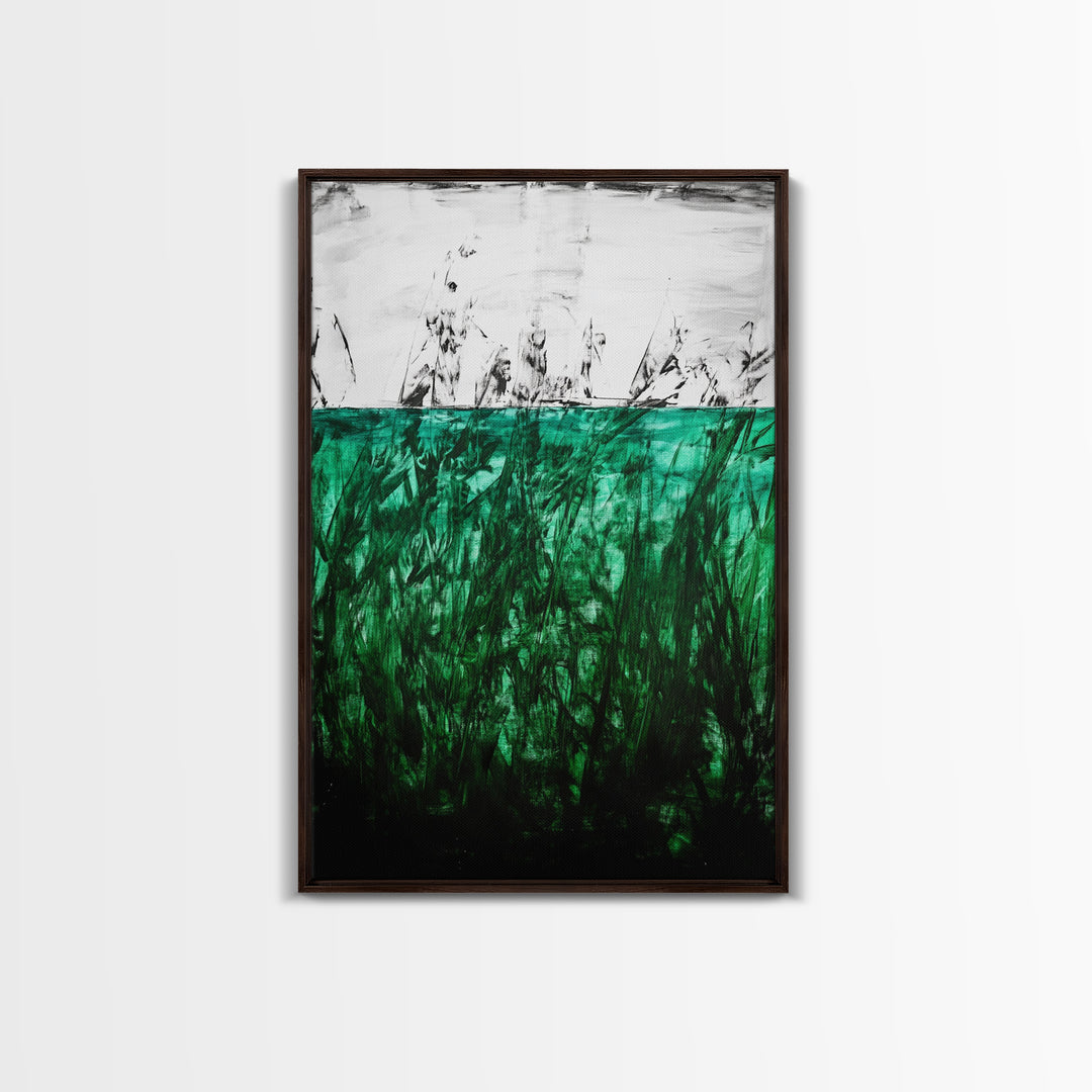 Abstract Grassland, Green Nature Art, Minimalist Botanical Wall Decor, Earthy Modern Print, Framed Canvas Print, Living Room Wall Art