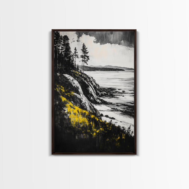 Rocky Coast, Pine Trees, Ocean View, Coastal Landscape, Canvas Print, Cabin Wall Decor, Rustic Home Art, Nature Inspired Painting