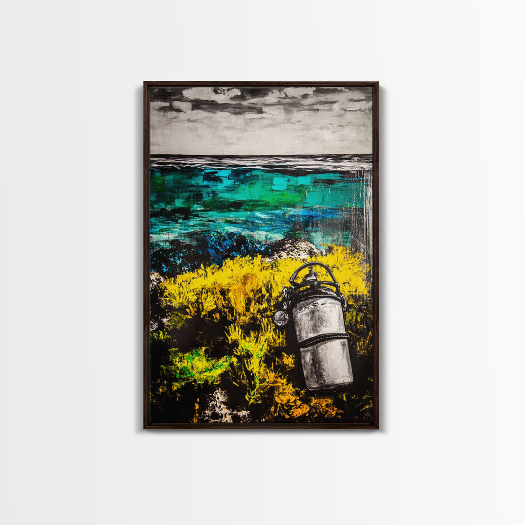 Coastal Lantern, Ocean Shore, Yellow Blue Art, Framed Canvas Print, Nautical Wall Art, Beach House Decor, Rustic Modern Art