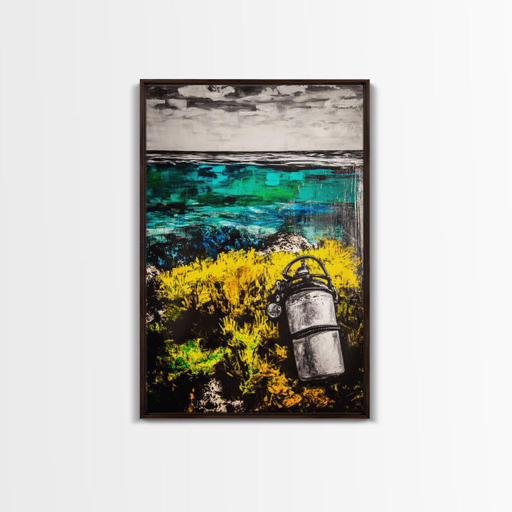 Coastal Lantern, Ocean Shore, Yellow Blue Art, Framed Canvas Print, Nautical Wall Art, Beach House Decor, Rustic Modern Art