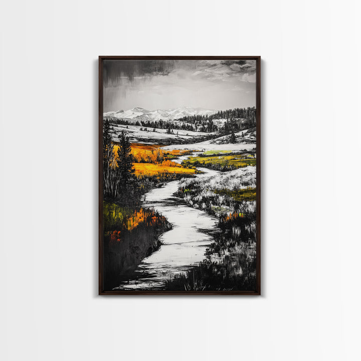 Autumn River, Fall Landscape, Black White Orange, Framed Canvas Print, Nature Wall Art, Cabin Decor, Rustic Home Painting