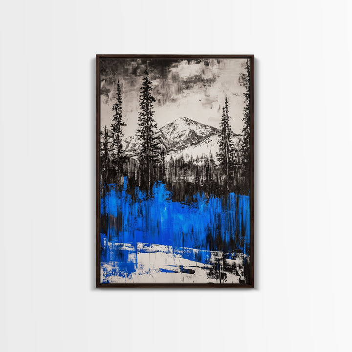 Mountain Wilderness, Winter Landscape, Blue Trees, Framed Canvas Print, Cabin Wall Art, Outdoor Lover Gift, Serene Nature Art