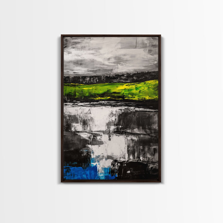 Abstract Landscape, Black White Green, Modern Painting, Framed Canvas Print, Living Room Decor, Minimalist Art, Contemporary Style