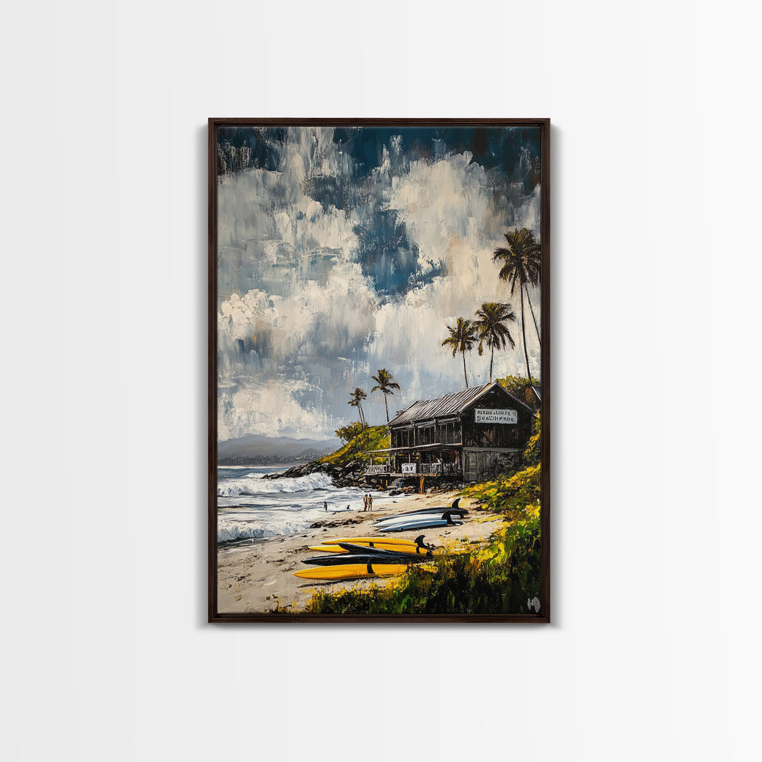 Beach Surf Shack, Tropical Art, Coastal Wall Decor, Nautical Framed Canvas Print, Surfing Gift, Ocean Sunset, Living Room Art