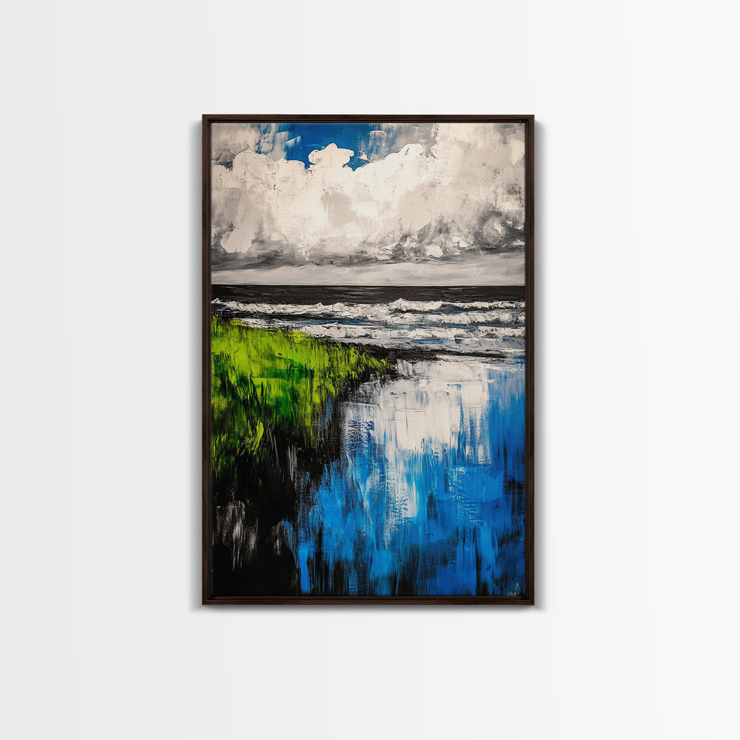 Ocean Reflections, Coastal Wall Art, Blue Abstract Beach Scene, Seascape Framed Canvas Print, Modern Home Decor, Living Room Wall Art