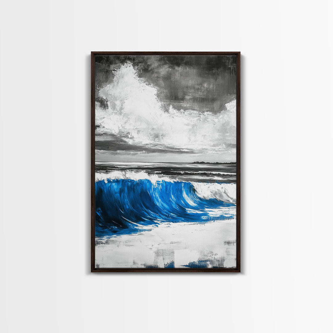 Blue Ocean Wave, Surfing Wall Art, Coastal Beach Print, Nautical Home Decor, Framed Canvas Print, Large Wall Art, Minimalist Seascape