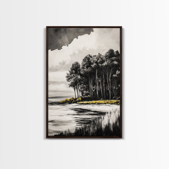 Coastal Trees, Black and White Art, Canvas Print, Modern Landscape, Nature Wall Art, Minimalist Home Decor, Serene Artwork, Ocean Scene