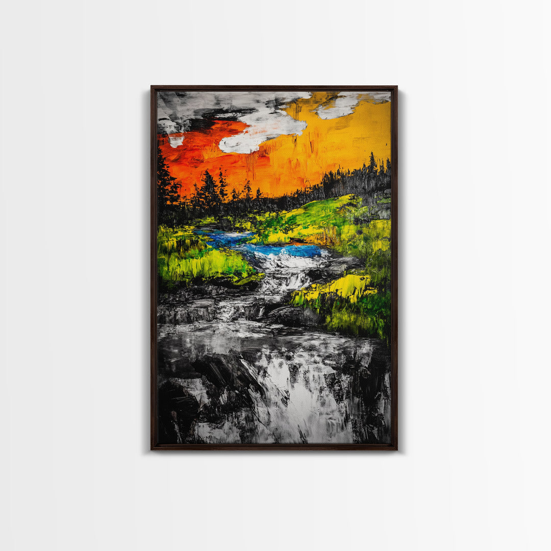 Autumn River, Nature Wall Art, Modern Landscape, Framed Canvas Print, Rustic Home Decor, Office Artwork, Vibrant Sunset Painting