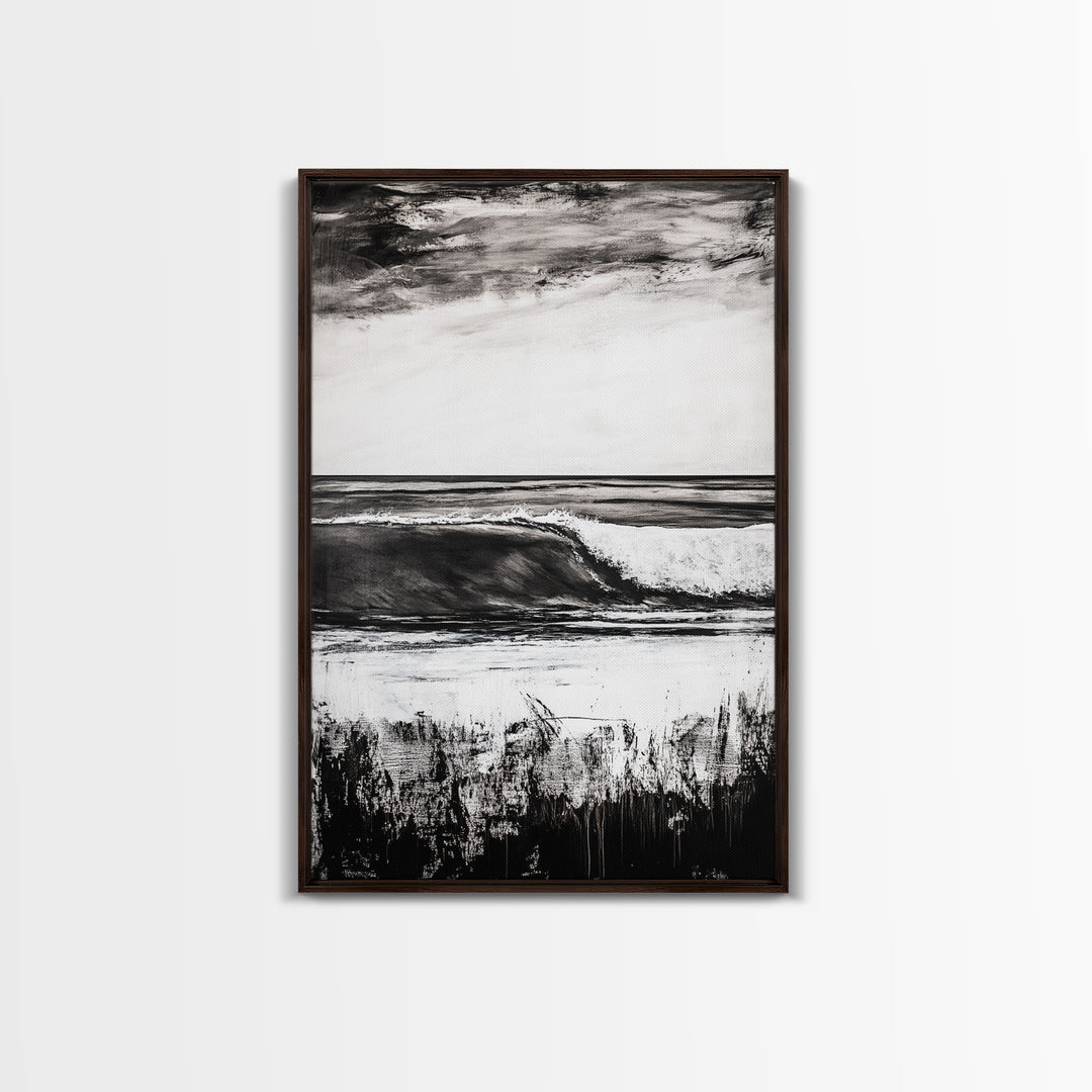 Black White Waves, Ocean Wall Art, Minimalist Coastal, Framed Canvas Print, Beach House Decor, Monochrome Seascape, Surfer Gift