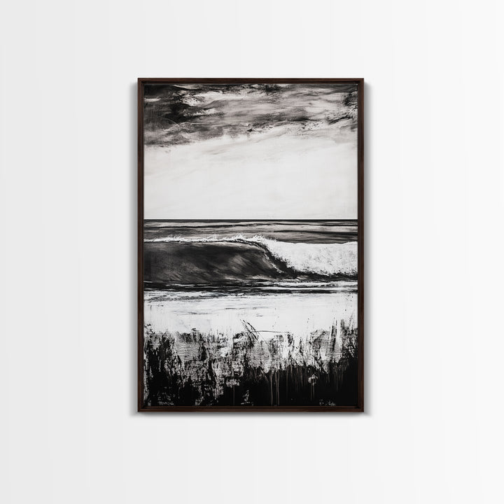 Black White Waves, Ocean Wall Art, Minimalist Coastal, Framed Canvas Print, Beach House Decor, Monochrome Seascape, Surfer Gift