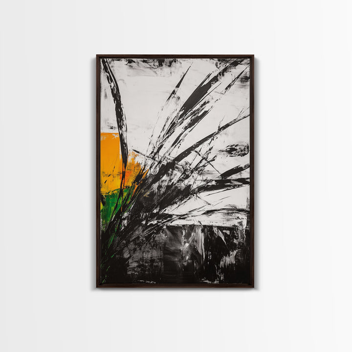 Abstract Grass, Modern Wall Art, Minimalist Home Decor, Framed Canvas Print, Black White Gold, Contemporary Artwork, Bold Design