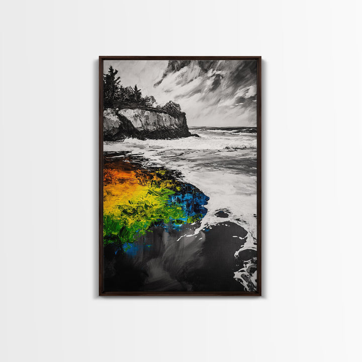 Cliffside Waves, Coastal Wall Art, Ocean Landscape, Framed Canvas Print, Beach House Decor, Monochrome Seascape, Nautical Gift