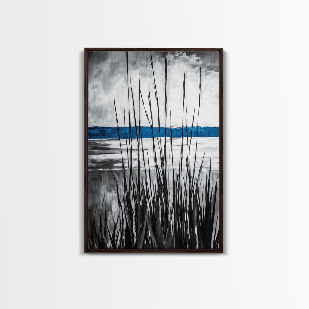 Tall Grass, Serene Lake View, Minimalist Coastal Art, Black White Landscape, Contemporary Home Decor, Canvas Print