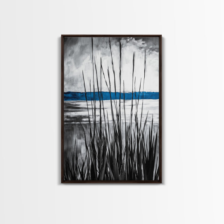 Tall Grass, Serene Lake View, Minimalist Coastal Art, Black White Landscape, Contemporary Home Decor, Canvas Print