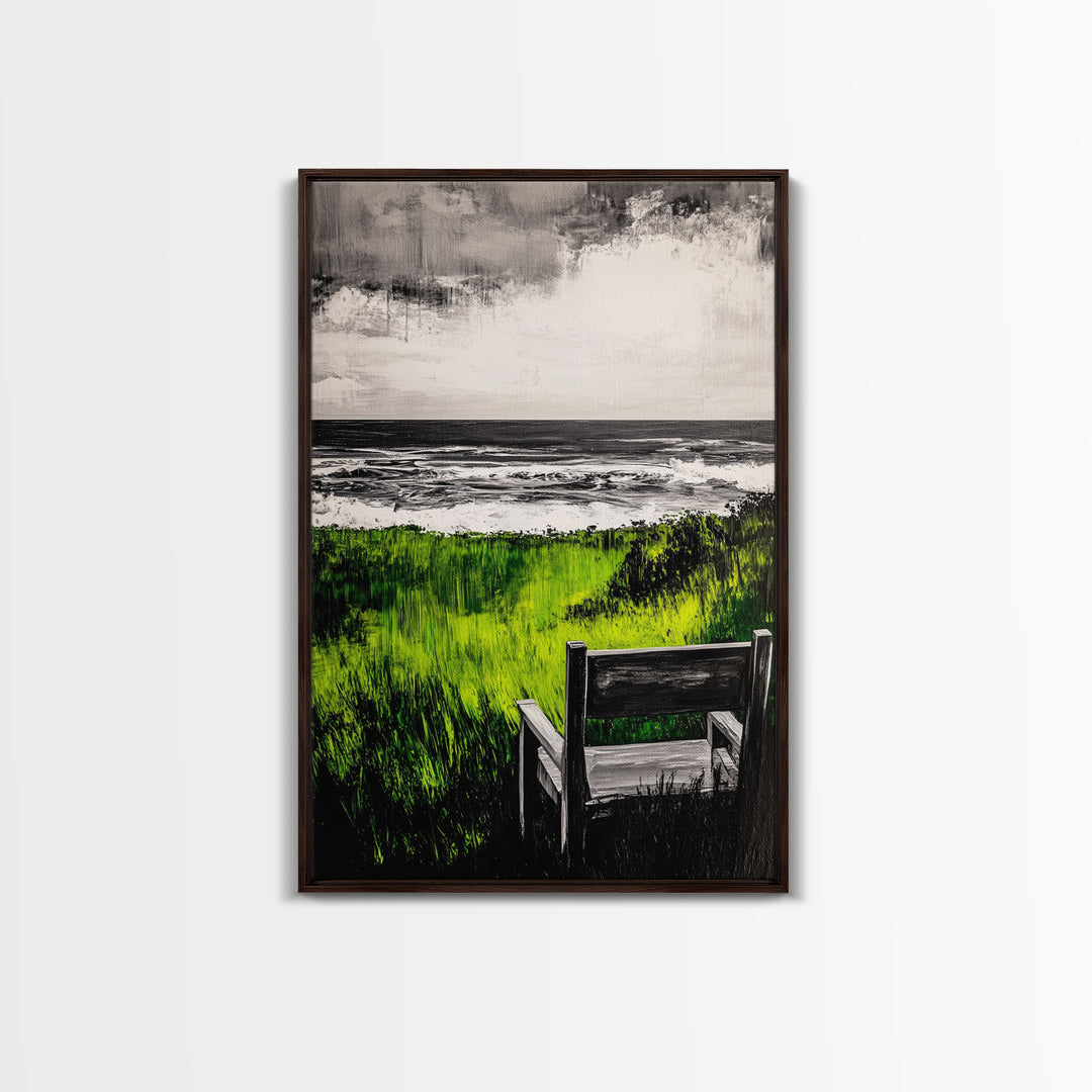 Beach View, Green Grass Landscape, Peaceful Coastal Decor, Seaside Retreat Art, Contemporary Wall Art, Framed Canvas Print