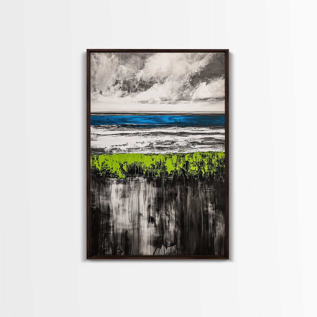 Coastal Horizon, Abstract Ocean, Framed Canvas Print, Beach Wall Art, Nautical Home Decor, Blue and White Art, Modern Living Room Art