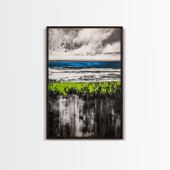 Coastal Horizon, Abstract Ocean, Framed Canvas Print, Beach Wall Art, Nautical Home Decor, Blue and White Art, Modern Living Room Art