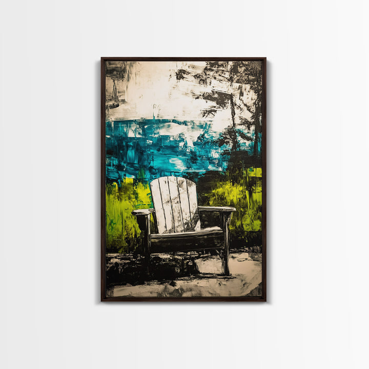 Adirondack Chair, Lakeside View, Framed Canvas Print, Rustic Cabin Decor, Nature Wall Art, Relaxing Retreat Art, Outdoor Artwork