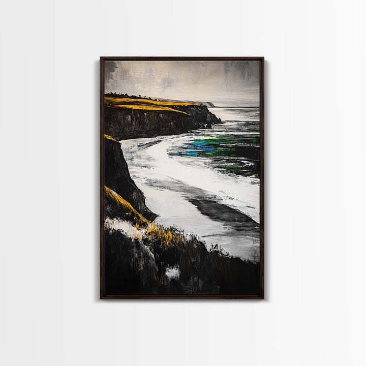 Coastal Cliffs, Ocean Waves, Beach Landscape, Nature Wall Art, Framed Canvas Print, Living Room Decor, Modern Seascape, Blue Tones