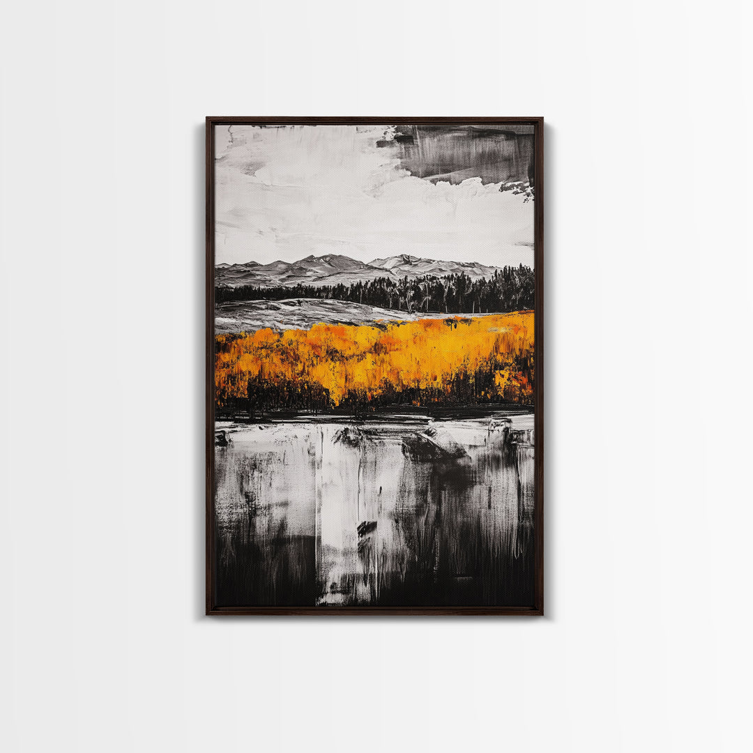 Autumn Mountain Scene, Yellow Trees Reflection, Black White Landscape, Rustic Cabin Art, Cozy Fall Wall Decor, Framed Canvas Print