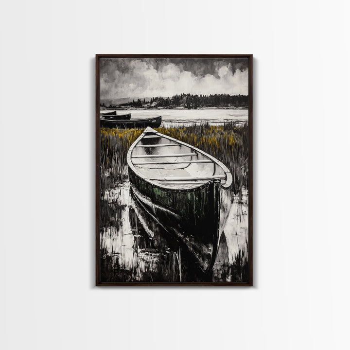 Canoe on Water, Lakeside Reflection, Framed Canvas Print, Nature Art, Cabin Wall Decor, Black and White Landscape, Serene Home Accent