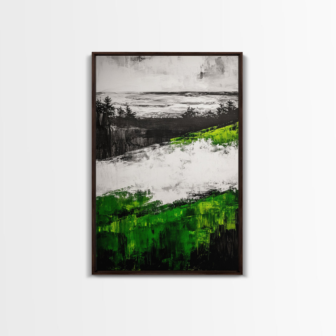 Coastal Cliffs, Ocean Landscape Art, Green Hills Painting, Nature Decor, Outdoor Wall Art, Minimalist Home Print, Framed Canvas Print