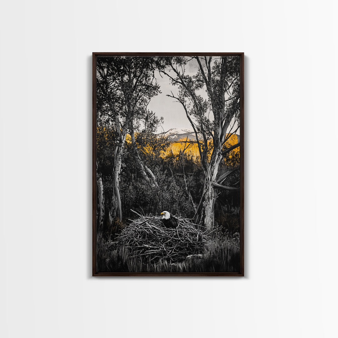 Bald Eagle Nest Art, Black White Forest, Yellow Fall Trees, Wildlife Nature Decor, Rustic Lodge Wall Art, Living Room Art, Canvas Print