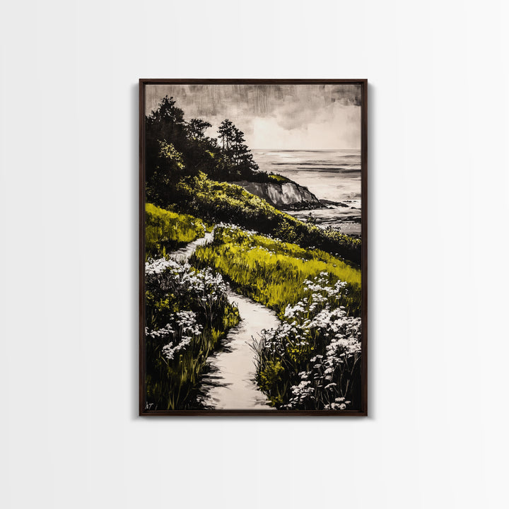 Pathway View, Coastal Nature Painting, Canvas Print, Scenic Landscape, Green and White Wall Art, Serene Home Decor, Boho Artwork