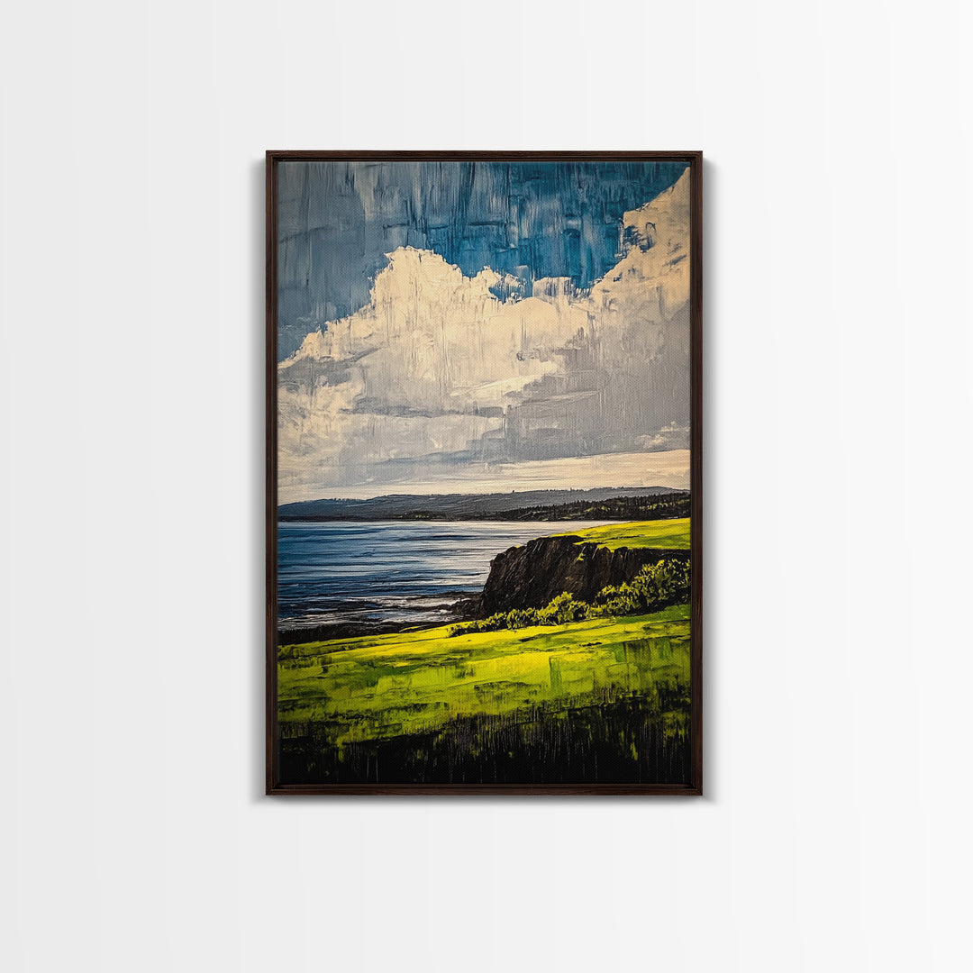 Coastal Cliff Art, Ocean View Print, Nature Landscape Decor, Tranquil Wall Art, Serene Scenery Print, Living Room Art, Framed Canvas Print