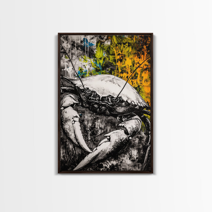 Crab Wall Art, Nautical Coastal Print, Monochrome Decor, Rustic Beach House Art, Marine Illustration, Kitchen Art, Framed Canvas Print
