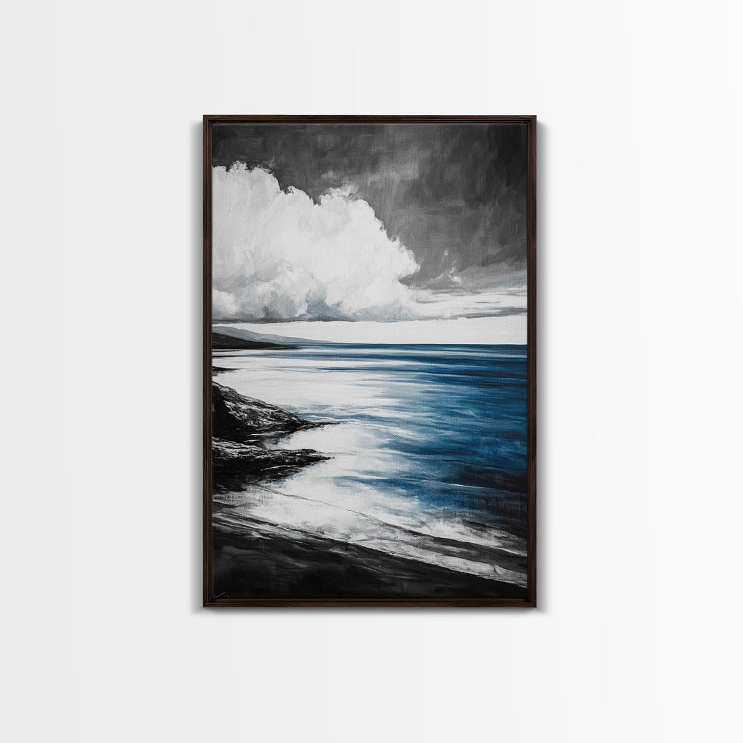 Coastal Shoreline Art, Monochrome Beach Print, Serene Ocean View, Tranquil Seascape Wall Decor, Nautical Art, Framed Canvas Print