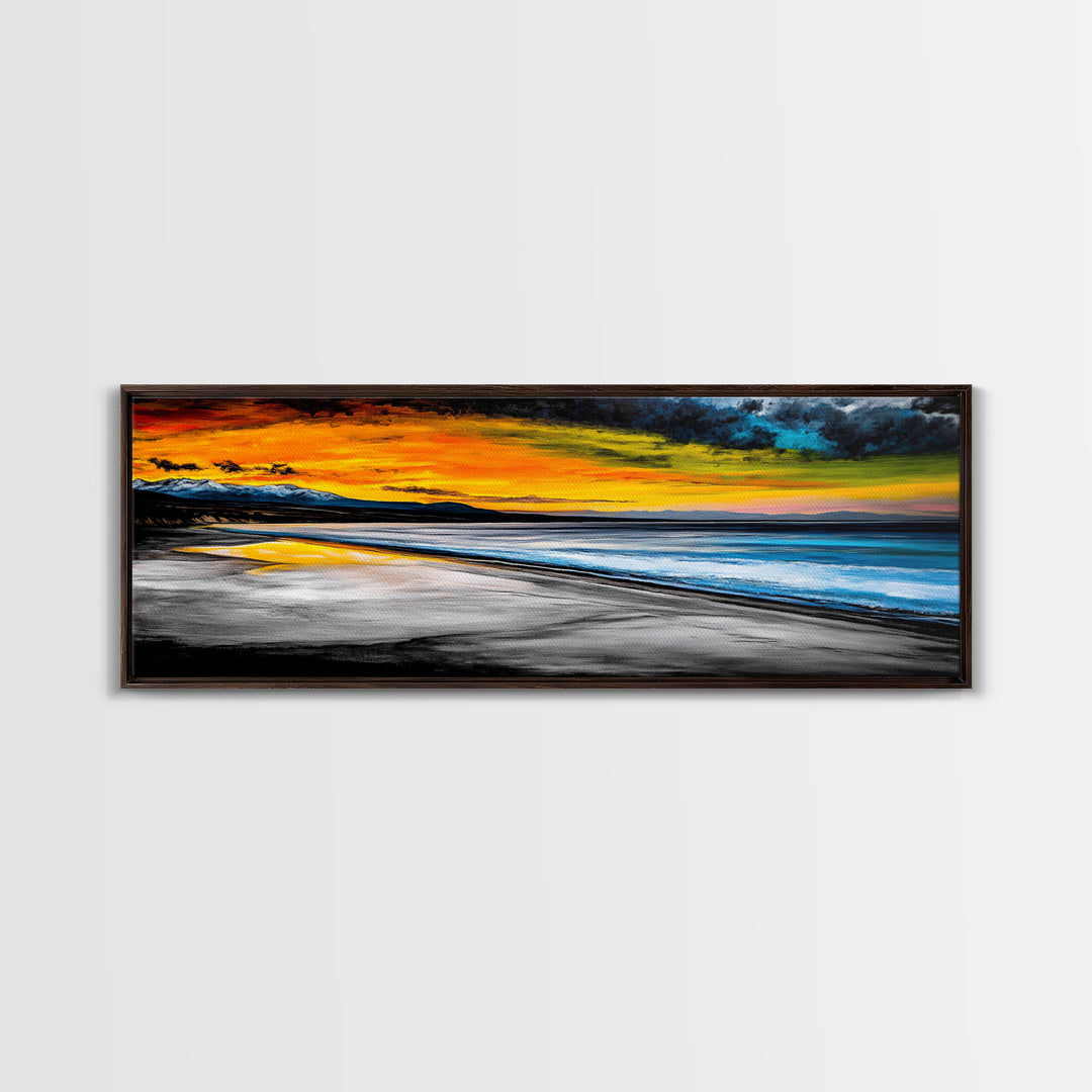 Dramatic Beach Sunset, Golden Coastal Painting, Moody Ocean Wall Art, Vibrant Seascape Print, Tropical Home Decor, Framed Canvas Print