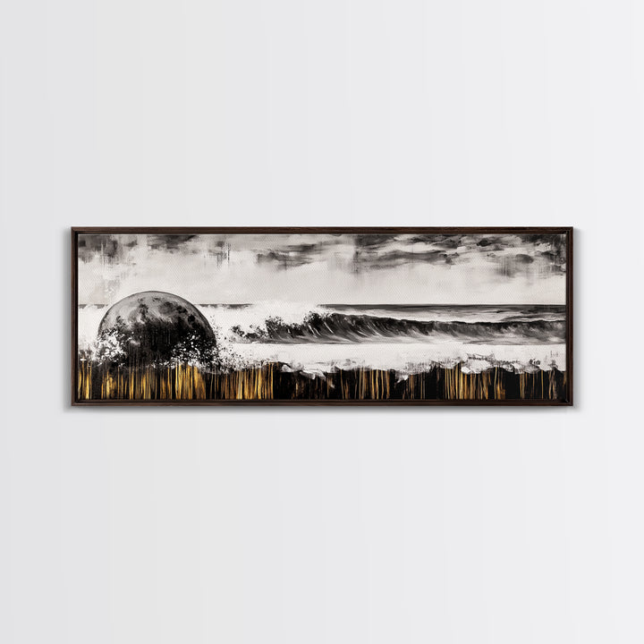 Surreal Ocean Art, Black and White Wave Print, Modern Seascape Painting, Coastal Wall Decor, Abstract Beach Canvas Print, Framed Canvas Print