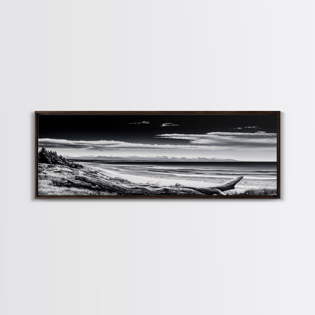 Black and White Beach, Coastal Wall Art, Modern Seascape, Minimalist Art, Monochrome Print, Framed Canvas Print, Bedroom Decor
