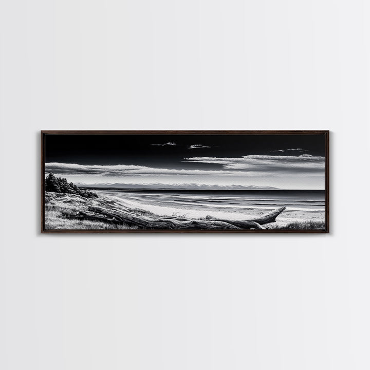 Black and White Beach, Coastal Wall Art, Modern Seascape, Minimalist Art, Monochrome Print, Framed Canvas Print, Bedroom Decor