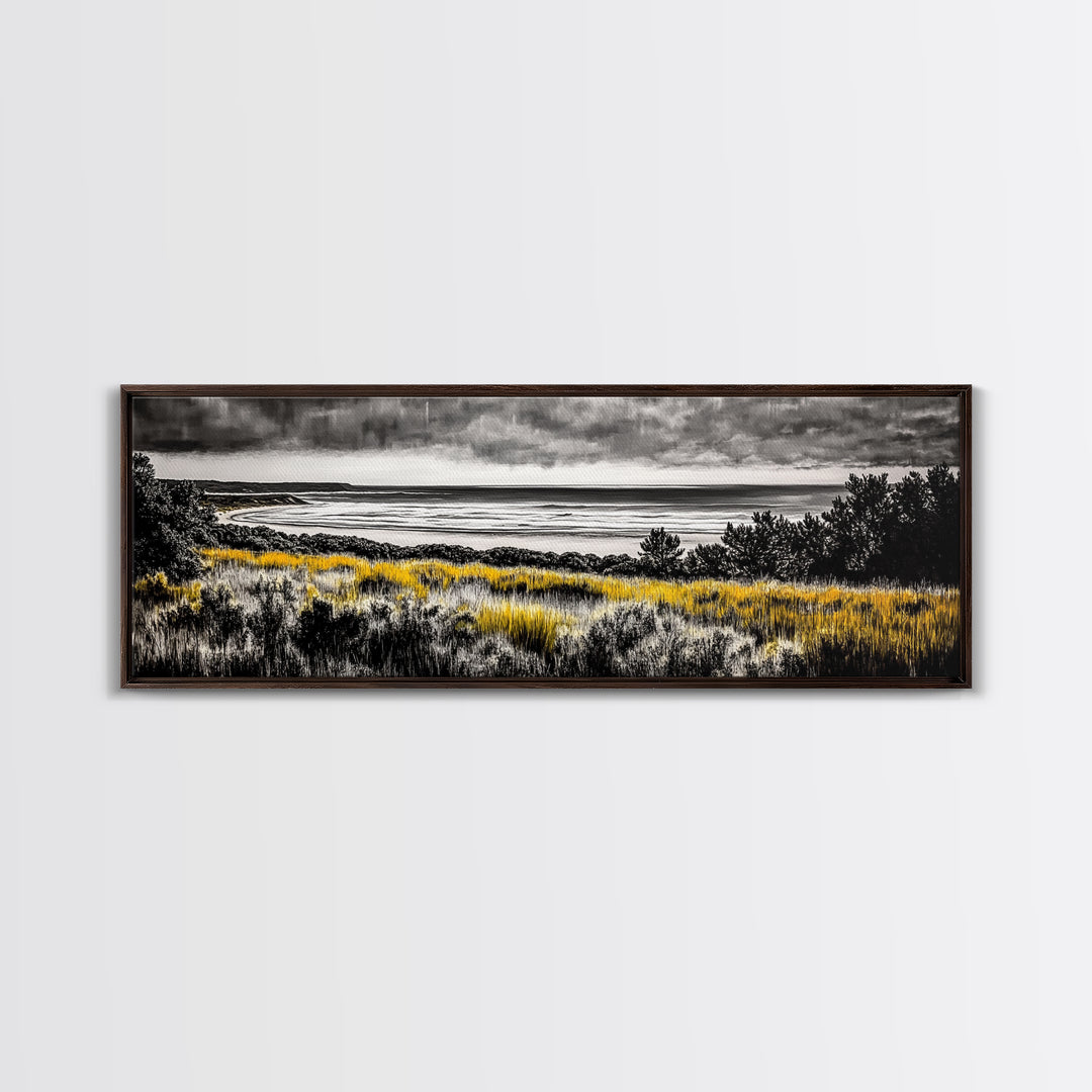 Coastal Storm, Moody Ocean Art, Dramatic Landscape, Black and Gold Print, Framed Canvas Print, Modern Wall Art, Beach House Decor