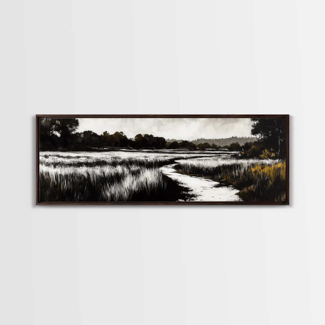 Black and White Marsh, Rustic Landscape, Moody Wall Art, Minimalist Nature Print, Framed Canvas Print, Bedroom Wall Decor