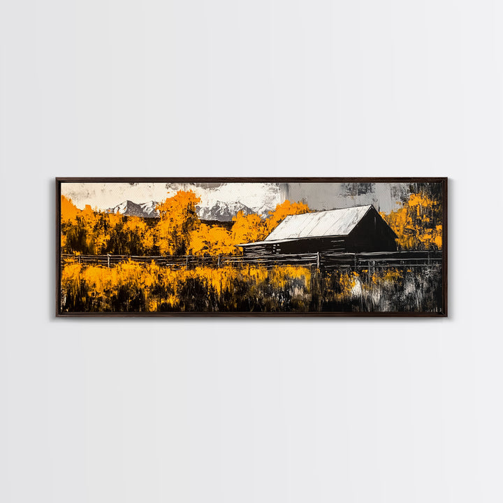 Rustic Cabin, Autumn Mountain Art, Western Wall Decor, Farmhouse Art, Fall Home Decor, Framed Canvas Print, Living Room Wall Art