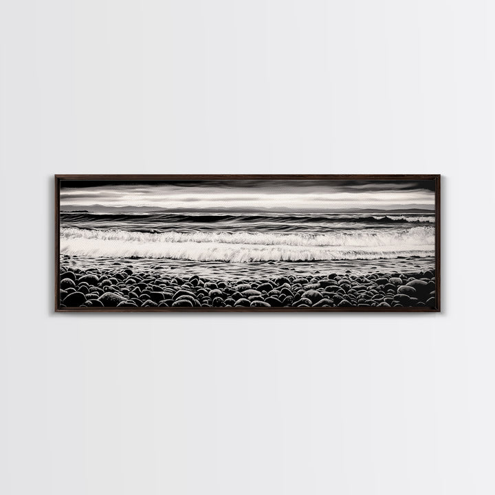 Black and White, Pebble Beach, Monochrome Ocean Art, Coastal Canvas Print, Minimalist Wall Art, Living Room Decor, Framed Canvas Print
